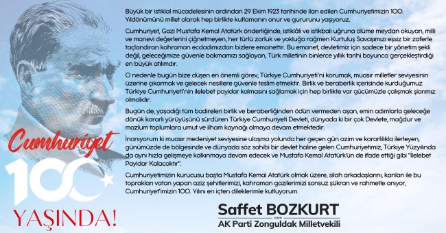 Bozkurt; Cumhuriyet'in 100. yılını en içten dileklerimle kutluyorum.