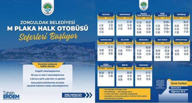 Zonguldak Belediyesi M Plaka Halk Otobüsü Seferleri Başlıyor!
