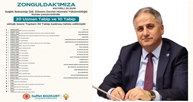 Bozkurt, Zonguldak'a 30 Tabip kadrosu tahsis edildiği müjdesini verdi.